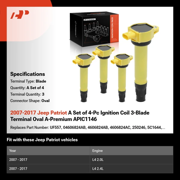 2007-2017 Jeep Patriot A Set of 4-Pc Ignition Coil 3-Blade Terminal Oval A-Premium APIC1146