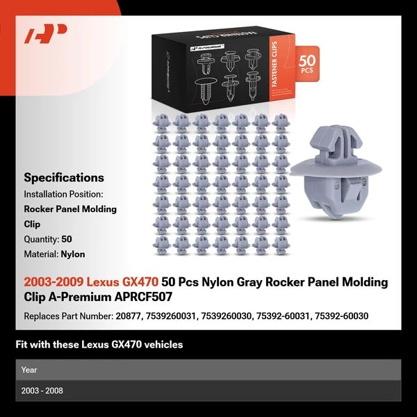 2003-2009 Lexus GX470 50 Pcs Nylon Gray Rocker Panel Molding Clip A-Premium APRCF507