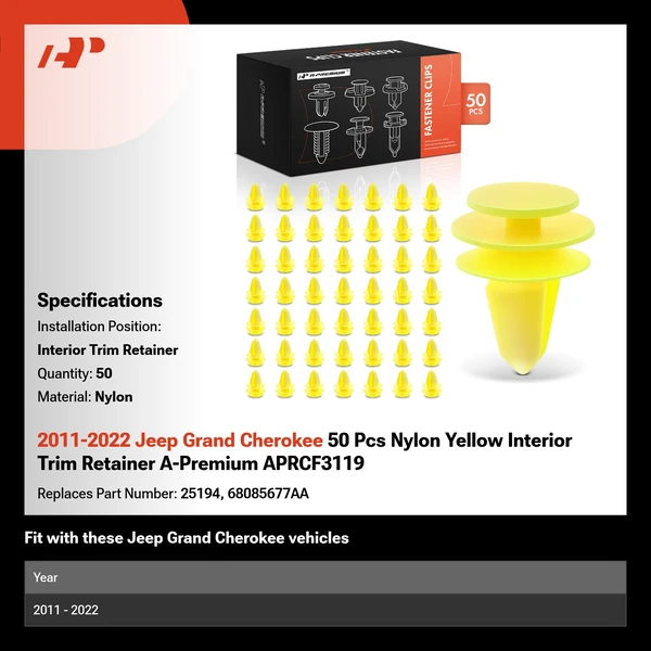 2011-2022 Jeep Grand Cherokee 50 Pcs Nylon Yellow Interior Trim Retainer A-Premium APRCF3119