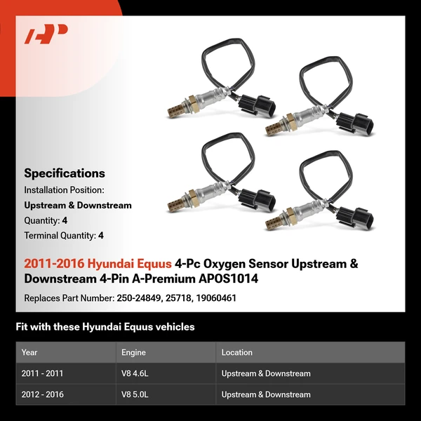 2011-2016 Hyundai Equus 4-Pc Oxygen Sensor Upstream & Downstream 4-Pin A-Premium APOS1014