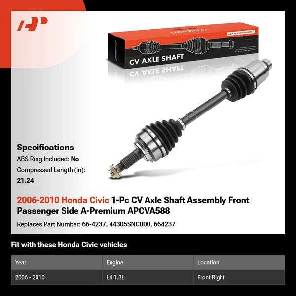 2006-2010 Honda Civic 1-Pc CV Axle Shaft Assembly Front Passenger Side A-Premium APCVA588