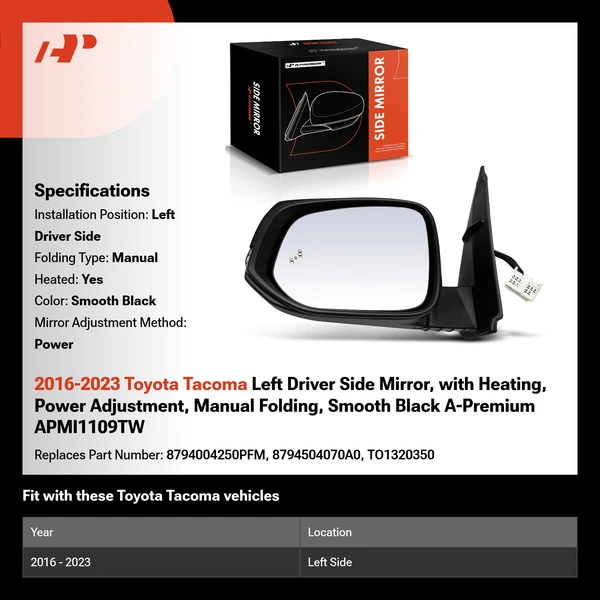 2016-2023 Toyota Tacoma Left Driver Side Mirror, with Heating, Power Adjustment, Manual Folding, Smooth Black A-Premium APMI1109TW