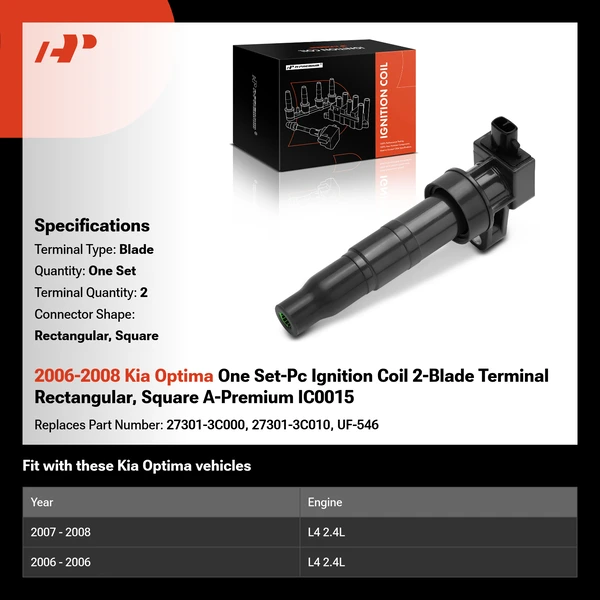 2006-2008 Kia Optima One Set-Pc Ignition Coil 2-Blade Terminal Rectangular, Square A-Premium IC0015