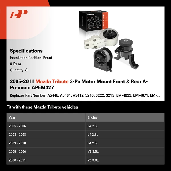 2005-2011 Mazda Tribute 3-Pc Motor Mount Front & Rear A-Premium APEM427