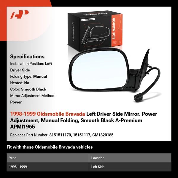 1998-1999 Oldsmobile Bravada Left Driver Side Mirror, Power Adjustment, Manual Folding, Smooth Black A-Premium APMI1965