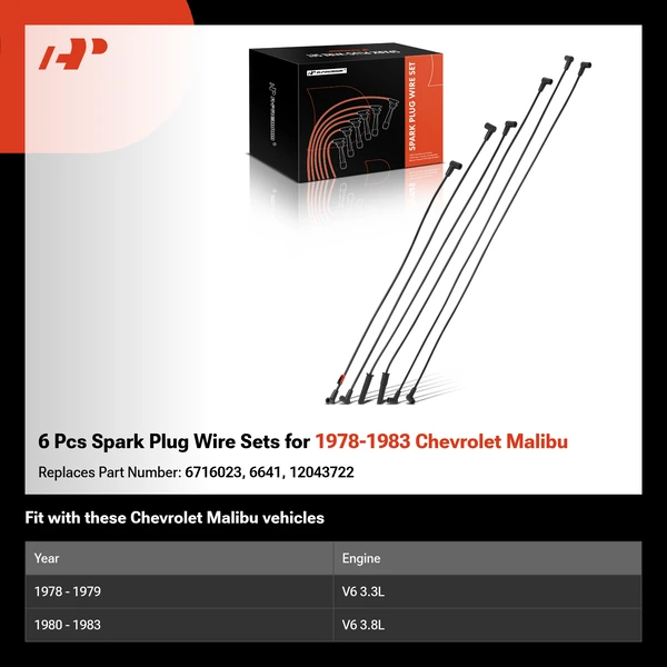 6 Pcs Spark Plug Wire Sets for 1978-1983 Chevrolet Malibu