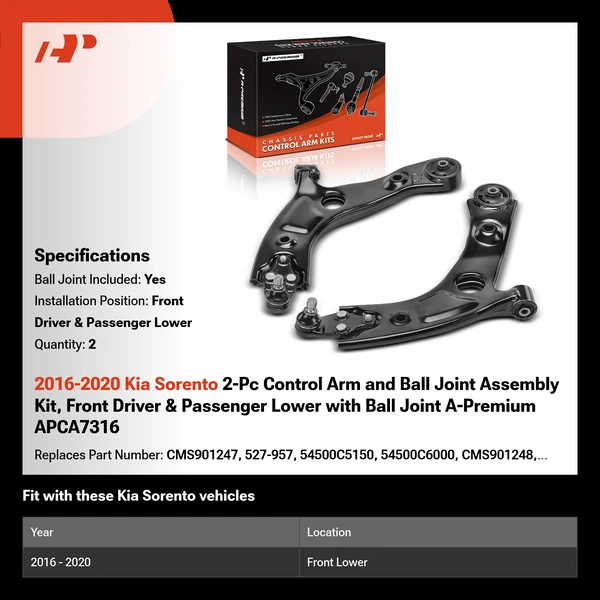 2016-2020 Kia Sorento 2-Pc Control Arm and Ball Joint Assembly Kit, Front Driver & Passenger Lower with Ball Joint A-Premium APCA7316