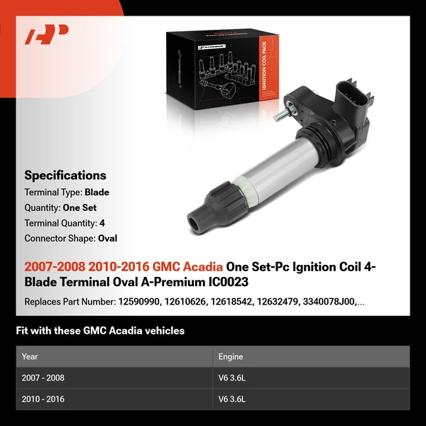 2007-2008 2010-2016 GMC Acadia One Set-Pc Ignition Coil 4-Blade Terminal Oval A-Premium IC0023