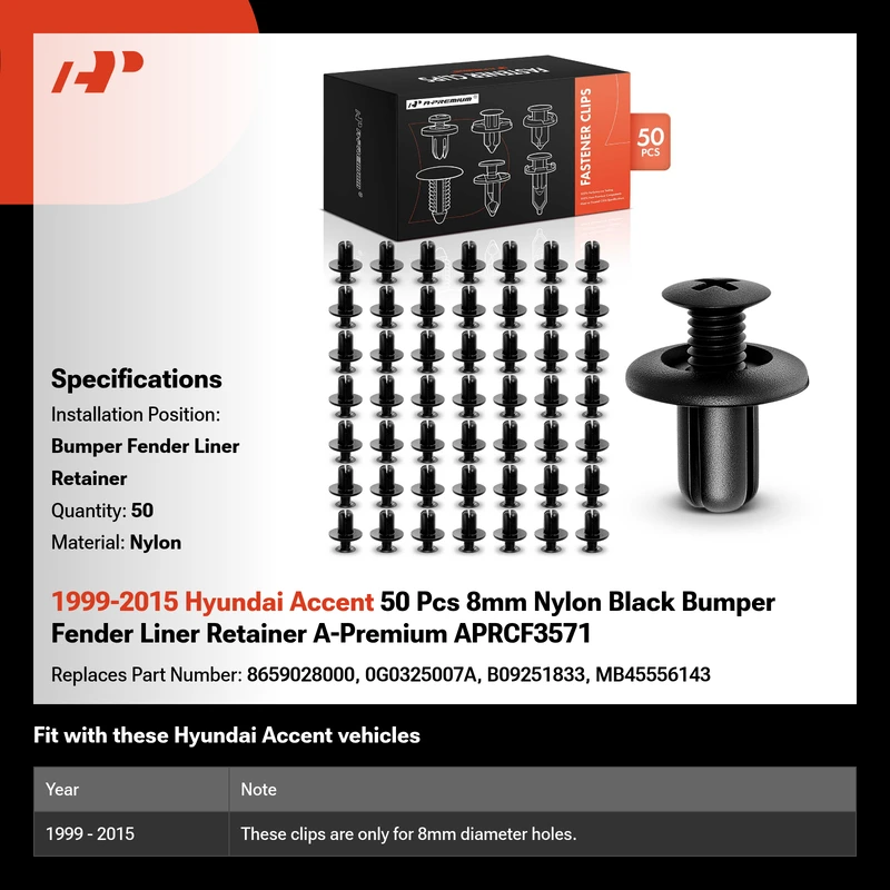 1999-2015 Hyundai Accent 50 Pcs 8mm Nylon Black Bumper Fender Liner Retainer A-Premium APRCF3571