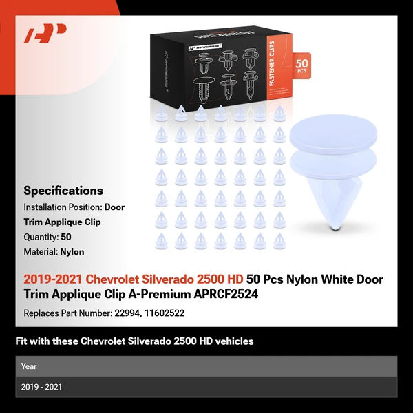 2019-2021 Chevrolet Silverado 2500 HD 50 Pcs Nylon White Door Trim Applique Clip A-Premium APRCF2524