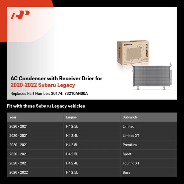 AC Condenser with Receiver Drier for 2020-2022 Subaru Legacy