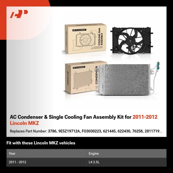 AC Condenser & Single Cooling Fan Assembly Kit for 2011-2012 Lincoln MKZ