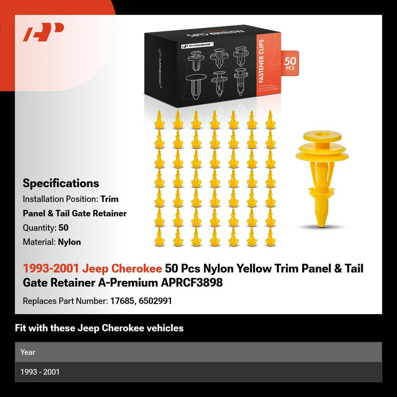 1993-2001 Jeep Cherokee 50 Pcs Nylon Yellow Trim Panel & Tail Gate Retainer A-Premium APRCF3898