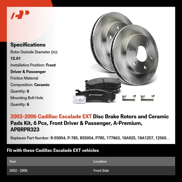 2002-2006 Cadillac Escalade EXT Disc Brake Rotors and Ceramic Pads Kit, 6 Pcs, Front Driver & Passenger, A-Premium, APBRPR323