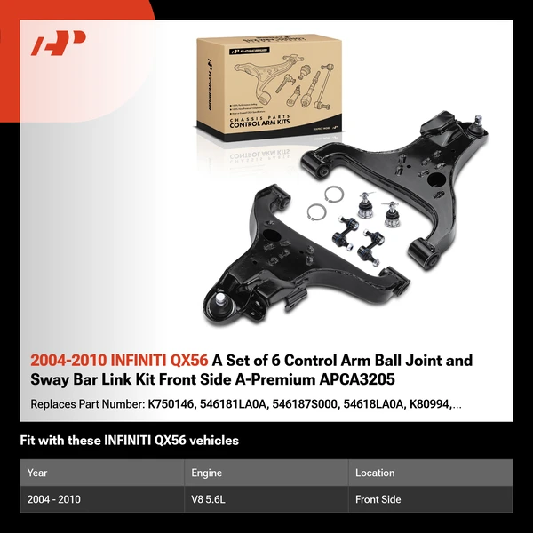 2004-2010 INFINITI QX56 A Set of 6 Control Arm Ball Joint and Sway Bar Link Kit Front Side A-Premium APCA3205