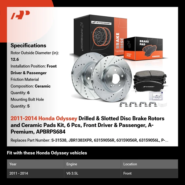 2011-2014 Honda Odyssey Drilled & Slotted Disc Brake Rotors and Ceramic Pads Kit, 6 Pcs, Front Driver & Passenger, A-Premium, APBRPS684