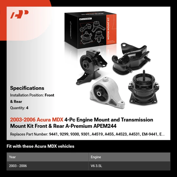 2003-2006 Acura MDX 4-Pc Engine Mount and Transmission Mount Kit Front & Rear A-Premium APEM244