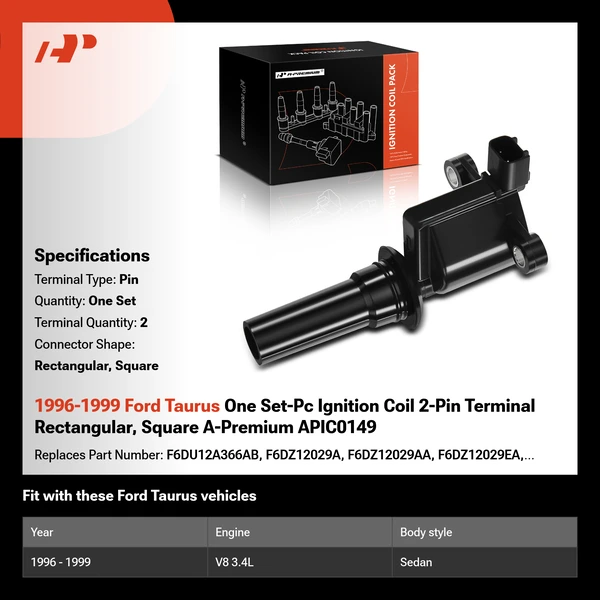 1996-1999 Ford Taurus One Set-Pc Ignition Coil 2-Pin Terminal Rectangular, Square A-Premium APIC0149