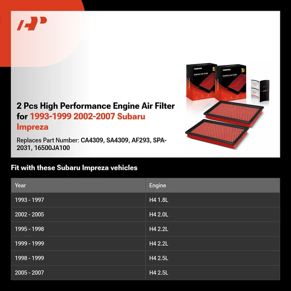 2 Pcs High Performance Engine Air Filter for 1993-1999 2002-2007 Subaru Impreza