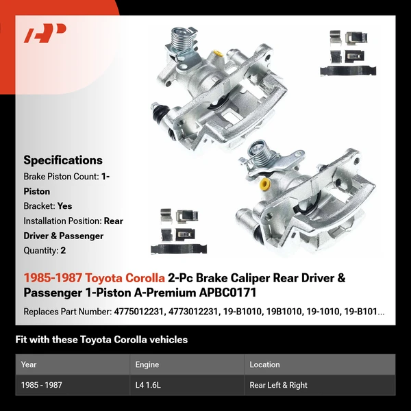 1985-1987 Toyota Corolla 2-Pc Brake Caliper Rear Driver & Passenger 1-Piston A-Premium APBC0171