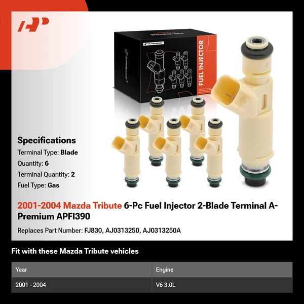 2001-2004 Mazda Tribute 6-Pc Fuel Injector 2-Blade Terminal A-Premium APFI390