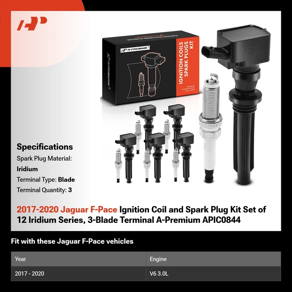 2017-2020 Jaguar F-Pace Ignition Coil and Spark Plug Kit Set of 12 Iridium Series, 3-Blade Terminal A-Premium APIC0844