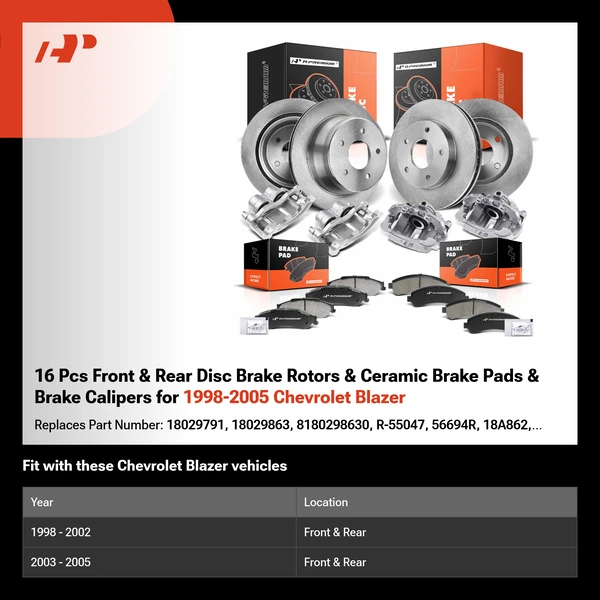 16 Pcs Front & Rear Disc Brake Rotors & Ceramic Brake Pads & Brake Calipers for 1998-2005 Chevrolet Blazer