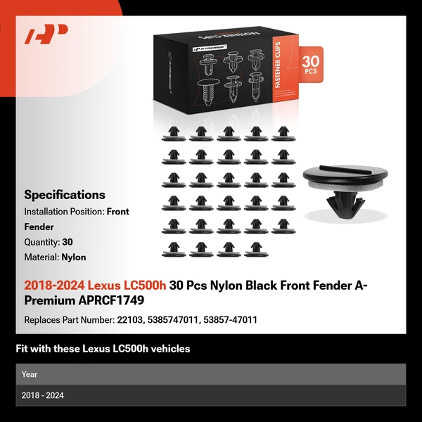 2018-2024 Lexus LC500h 30 Pcs Nylon Black Front Fender A-Premium APRCF1749