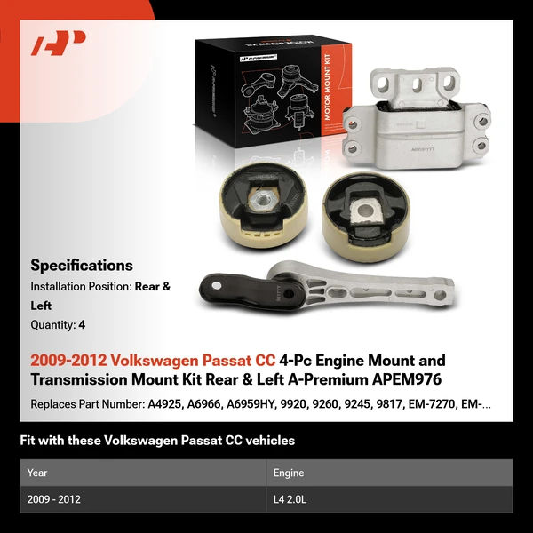 2009-2012 Volkswagen Passat CC 4-Pc Engine Mount and Transmission Mount Kit Rear & Left A-Premium APEM976