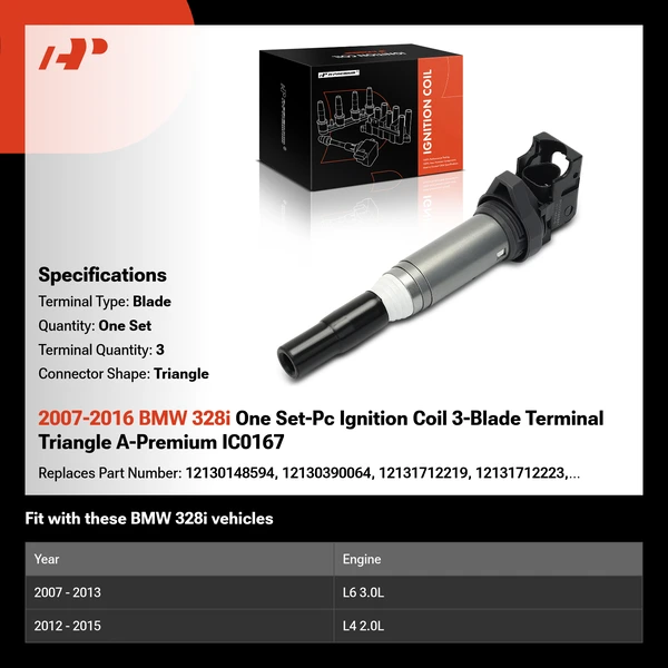2007-2016 BMW 328i One Set-Pc Ignition Coil 3-Blade Terminal Triangle A-Premium IC0167