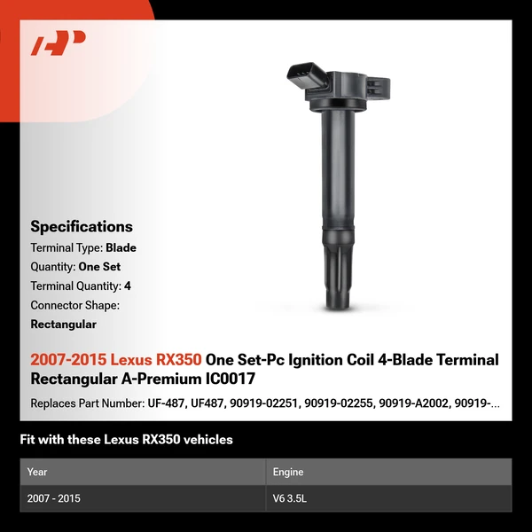 2007-2015 Lexus RX350 One Set-Pc Ignition Coil 4-Blade Terminal Rectangular A-Premium IC0017