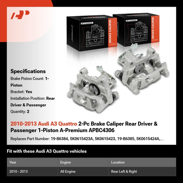 2010-2013 Audi A3 Quattro 2-Pc Brake Caliper Rear Driver & Passenger 1-Piston A-Premium APBC4306