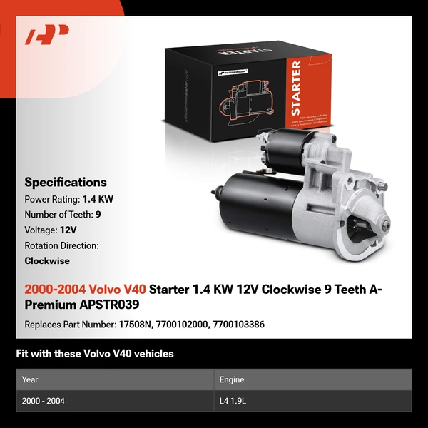 2000-2004 Volvo V40 Starter 1.4 KW 12V Clockwise 9 Teeth A-Premium APSTR039