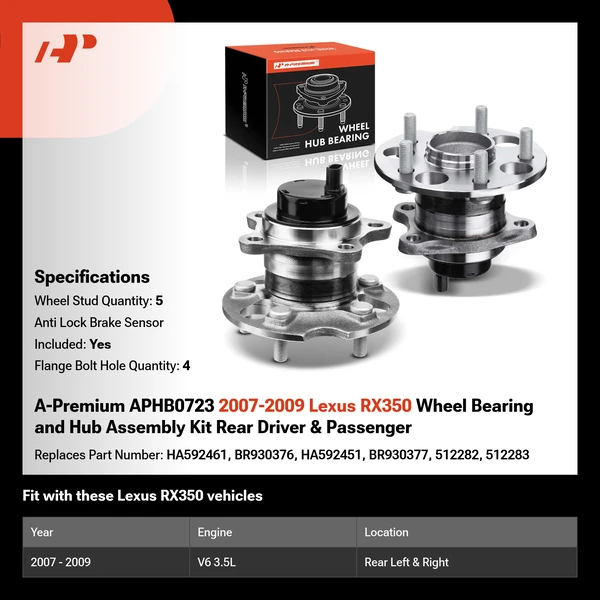 A-Premium APHB0723 2007-2009 Lexus RX350 Wheel Bearing and Hub Assembly Kit Rear Driver & Passenger