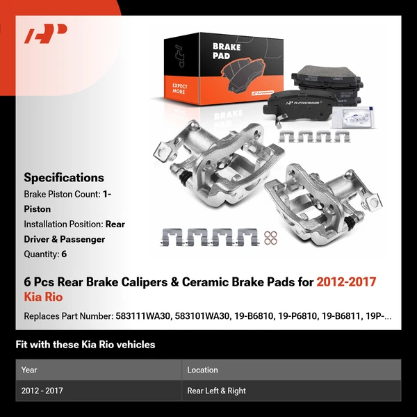 6 Pcs Rear Brake Calipers & Ceramic Brake Pads for 2012-2017 Kia Rio