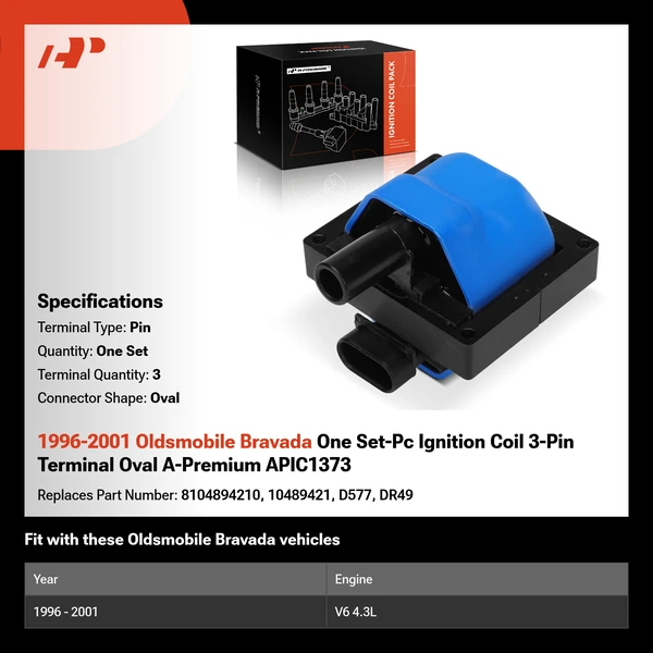 1996-2001 Oldsmobile Bravada One Set-Pc Ignition Coil 3-Pin Terminal Oval A-Premium APIC1373