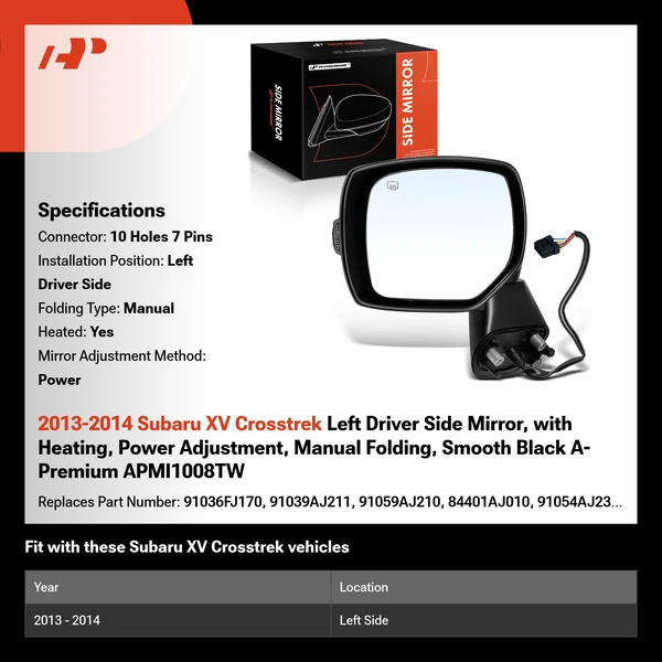 2013-2014 Subaru XV Crosstrek Left Driver Side Mirror, with Heating, Power Adjustment, Manual Folding, Smooth Black A-Premium APMI1008TW