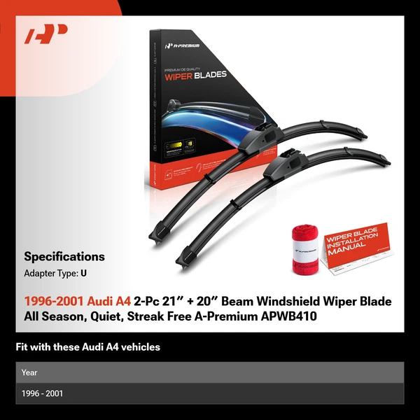1996-2001 Audi A4 2-Pc 21″ + 20″ Beam Windshield Wiper Blade All Season, Quiet, Streak Free A-Premium APWB410