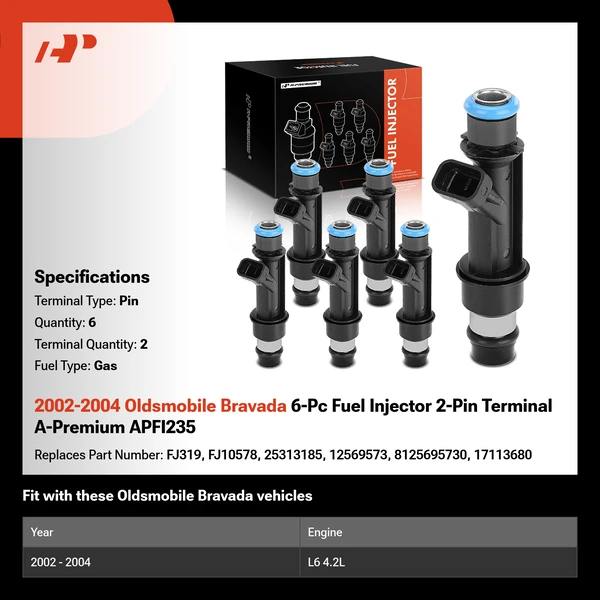 2002-2004 Oldsmobile Bravada 6-Pc Fuel Injector 2-Pin Terminal A-Premium APFI235