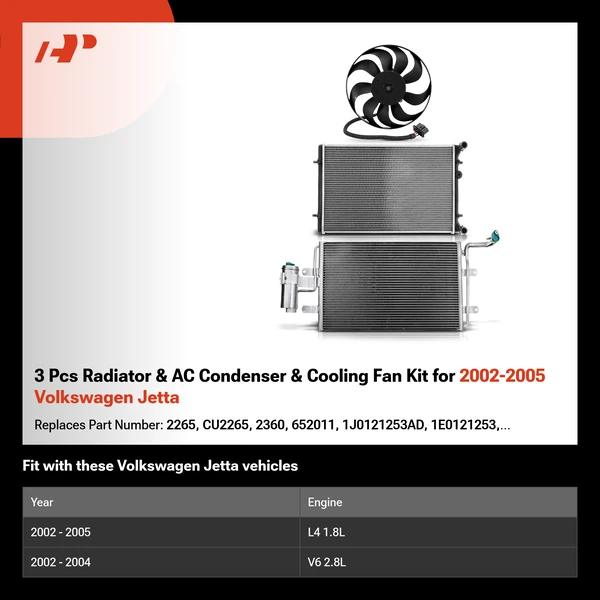 3 Pcs Radiator & AC Condenser & Cooling Fan Kit for 2002-2005 Volkswagen Jetta