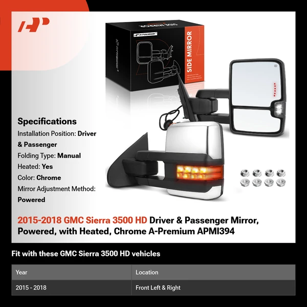 2015-2018 GMC Sierra 3500 HD Driver & Passenger Mirror, Powered, with Heated, Chrome A-Premium APMI394