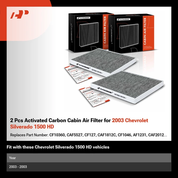 2 Pcs Activated Carbon Cabin Air Filter for 2003 Chevrolet Silverado 1500 HD