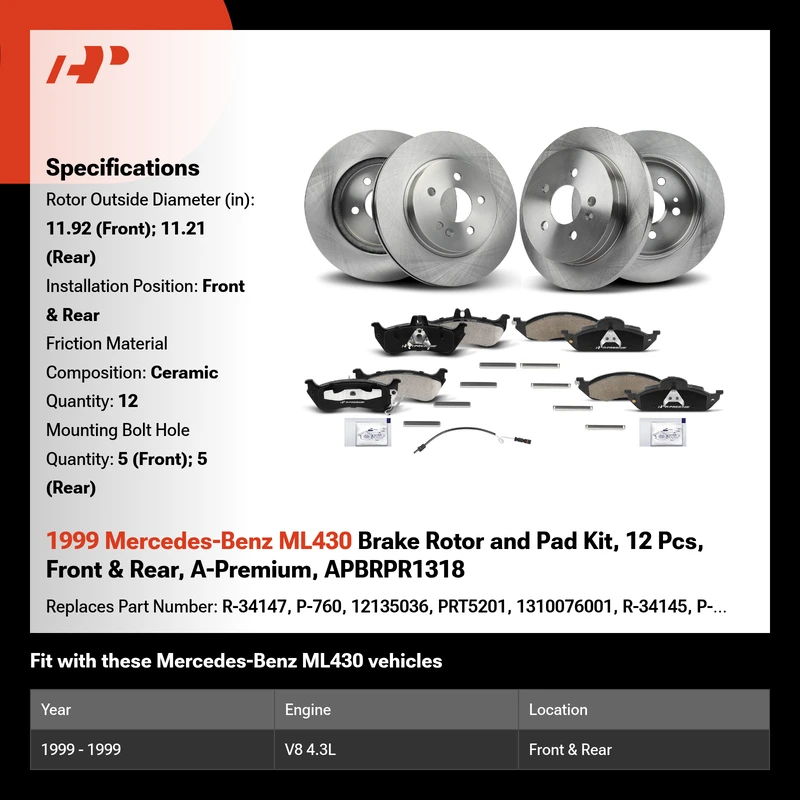 1999 Mercedes-Benz ML430 Brake Rotor and Pad Kit, 12 Pcs, Front & Rear, A-Premium, APBRPR1318