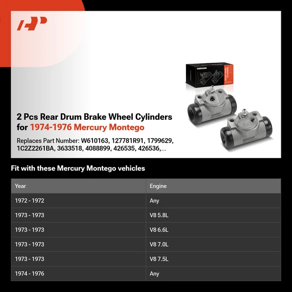 2 Pcs Rear Drum Brake Wheel Cylinders for 1974-1976 Mercury Montego