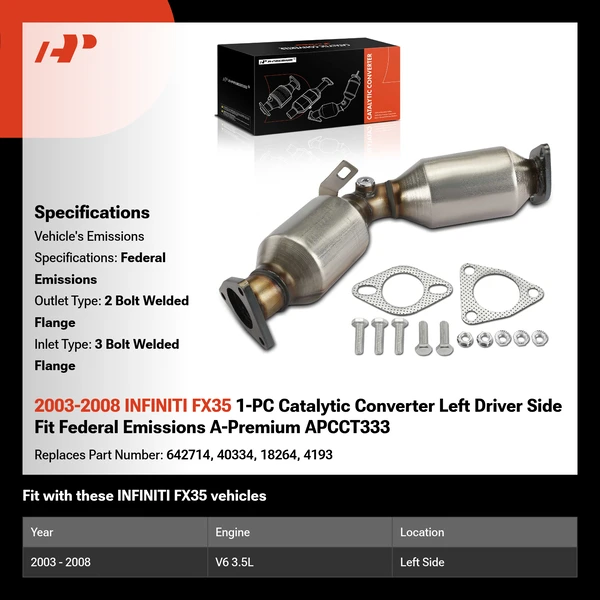 2003-2008 INFINITI FX35 1-PC Catalytic Converter Left Driver Side Fit Federal Emissions A-Premium APCCT333