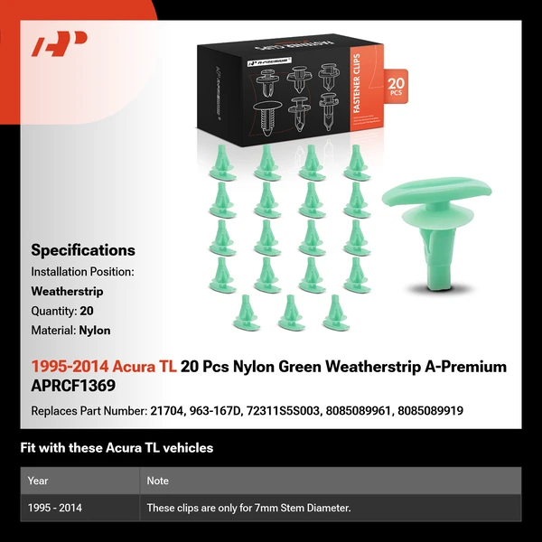 1995-2014 Acura TL 20 Pcs Nylon Green Weatherstrip A-Premium APRCF1369