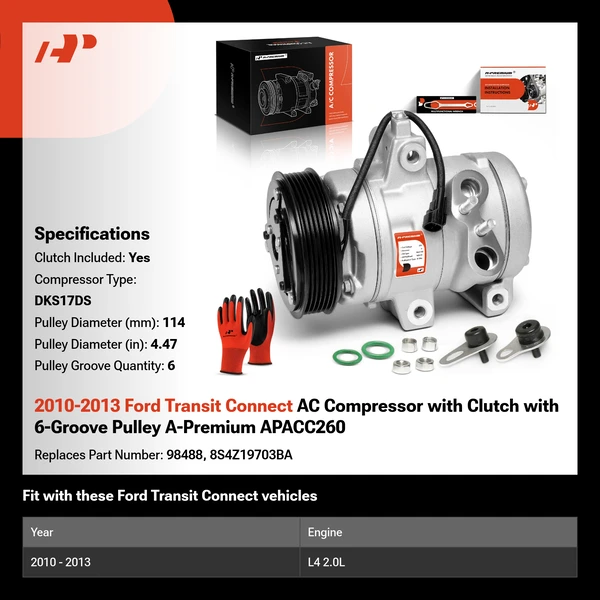 2010-2013 Ford Transit Connect AC Compressor with Clutch with 6-Groove Pulley A-Premium APACC260