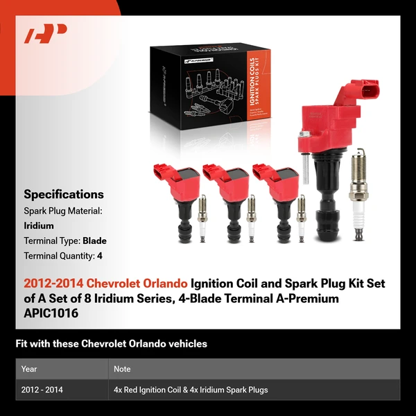 2012-2014 Chevrolet Orlando Ignition Coil and Spark Plug Kit Set of A Set of 8 Iridium Series, 4-Blade Terminal A-Premium APIC1016