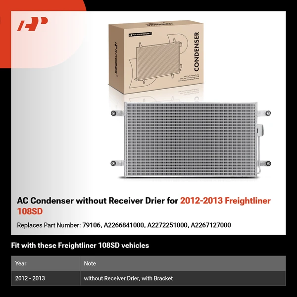 AC Condenser without Receiver Drier for 2012-2013 Freightliner 108SD