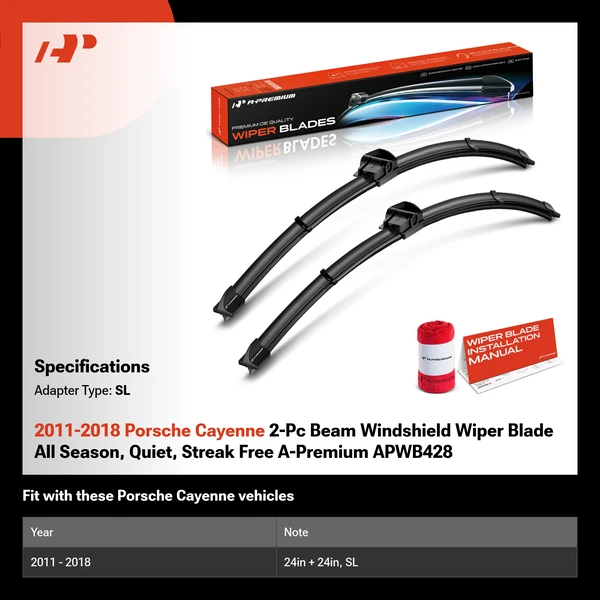 2011-2018 Porsche Cayenne 2-Pc Beam Windshield Wiper Blade All Season, Quiet, Streak Free A-Premium APWB428